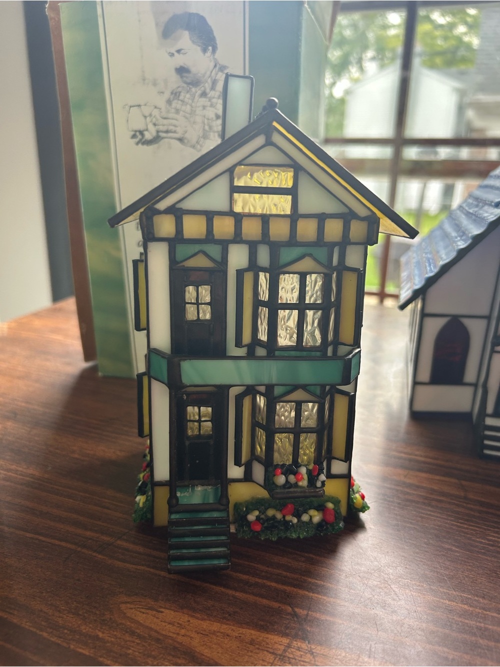 Stained Glass Miniature House Figurine - Green & Yellow